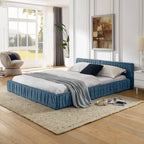 Modern Queen Size Upholstered Bed Frame with Pleated Chenille Fabric and Headboard, No Box Spring Needed, Blue