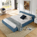 Modern Queen Size Upholstered Bed Frame with Pleated Chenille Fabric and Headboard, No Box Spring Needed, Blue