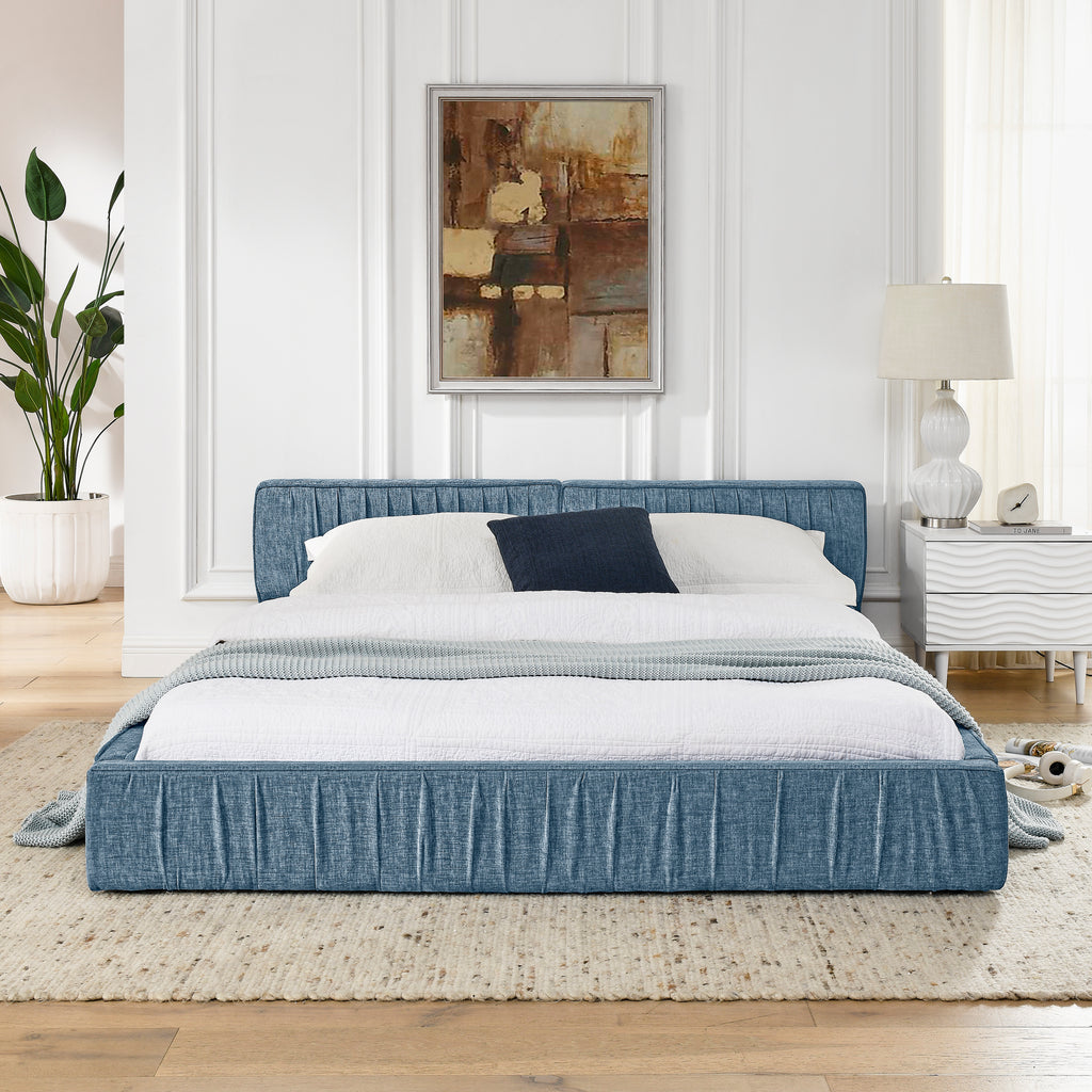 Modern Queen Size Upholstered Bed Frame with Pleated Chenille Fabric and Headboard, No Box Spring Needed, Blue