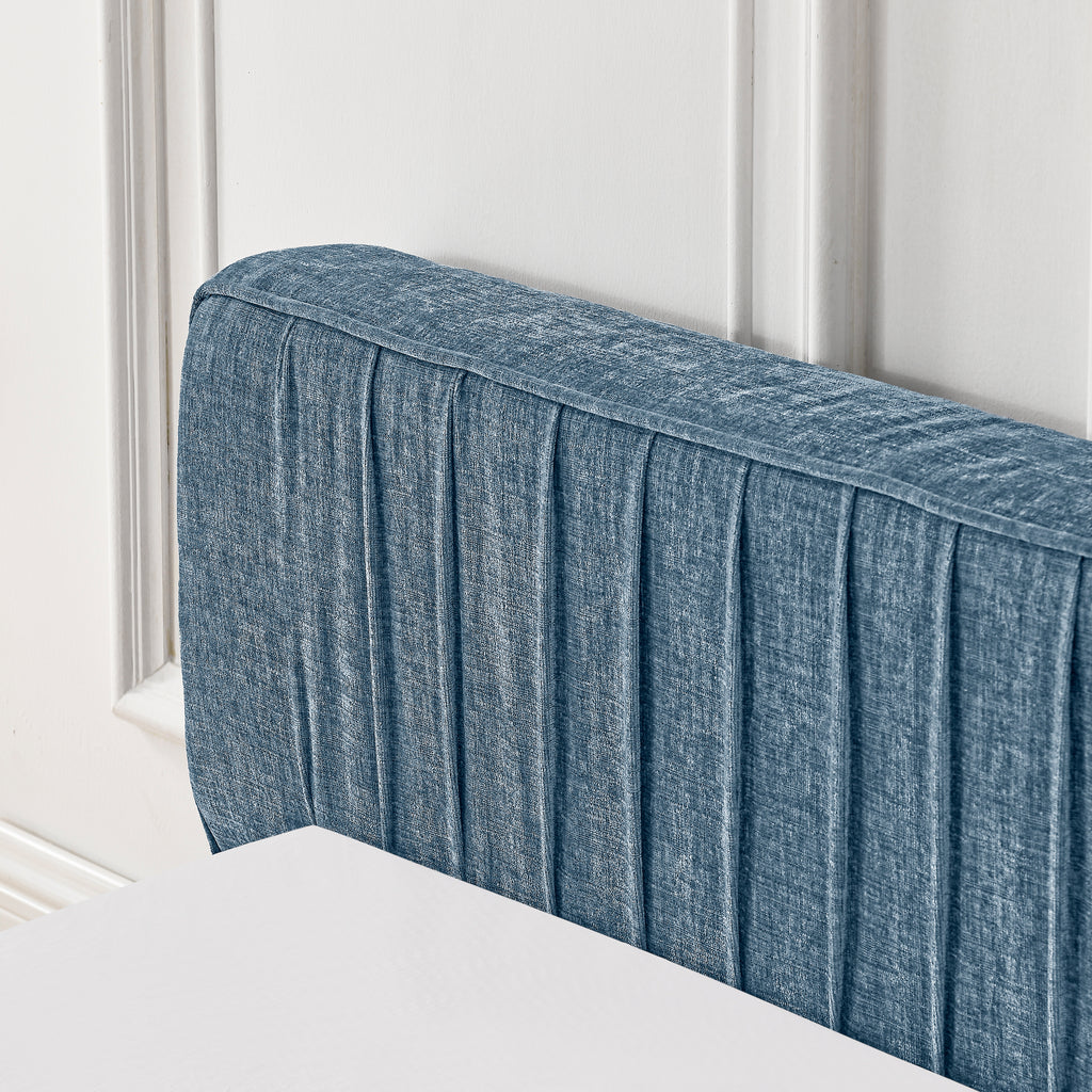 Modern Queen Size Upholstered Bed Frame with Pleated Chenille Fabric and Headboard, No Box Spring Needed, Blue