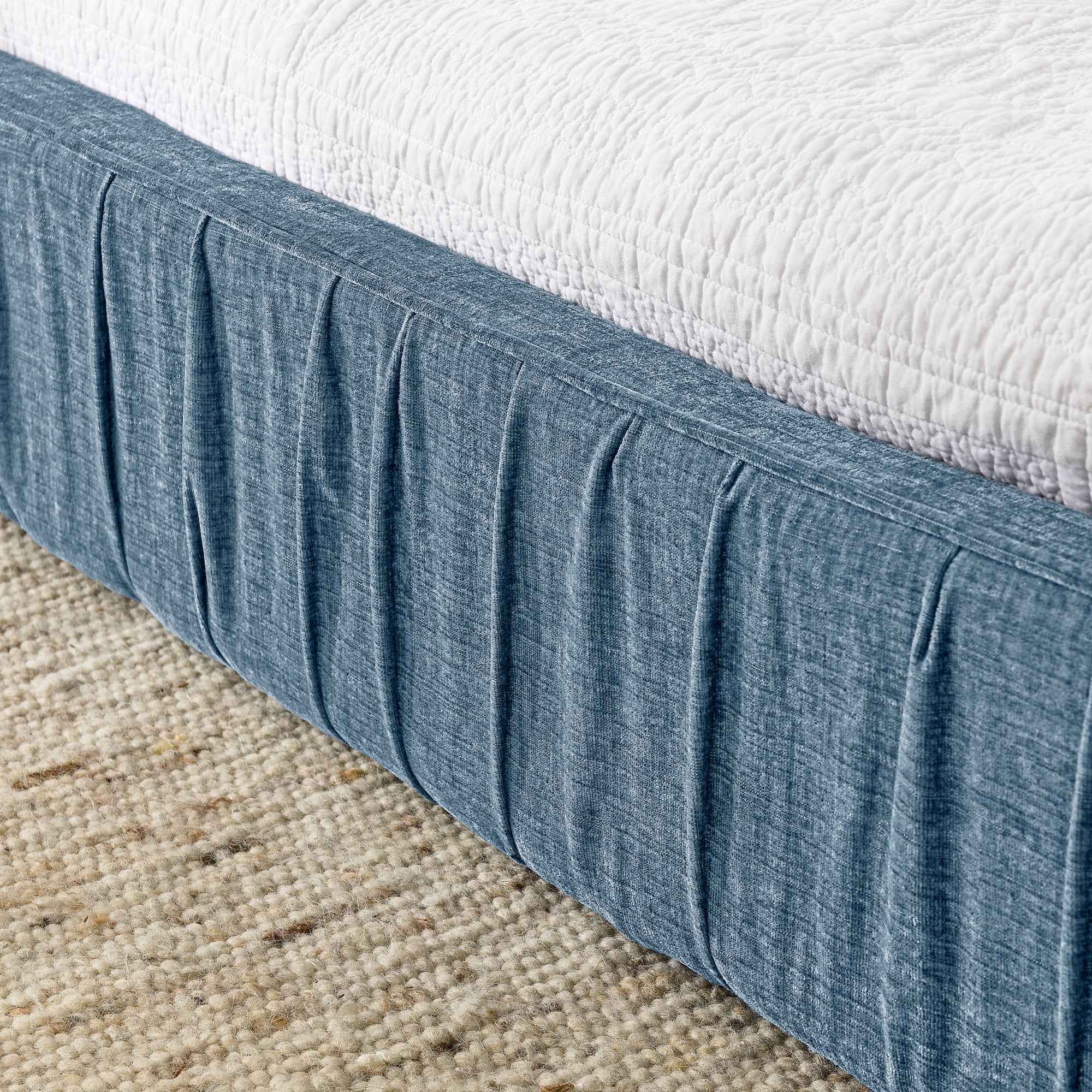 Modern Queen Size Upholstered Bed Frame with Pleated Chenille Fabric and Headboard, No Box Spring Needed, Blue