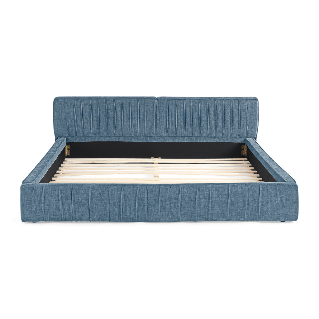 Modern Queen Size Upholstered Bed Frame with Pleated Chenille Fabric and Headboard, No Box Spring Needed, Blue