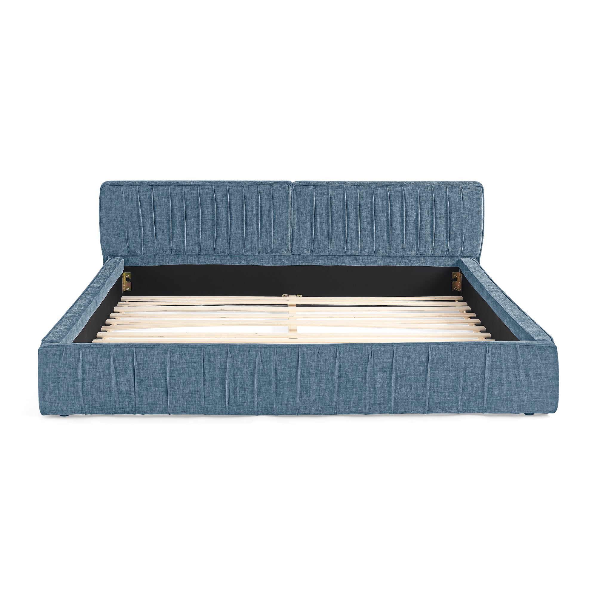 Modern Queen Size Upholstered Bed Frame with Pleated Chenille Fabric and Headboard, No Box Spring Needed, Blue