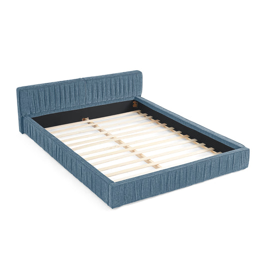 Modern Queen Size Upholstered Bed Frame with Pleated Chenille Fabric and Headboard, No Box Spring Needed, Blue