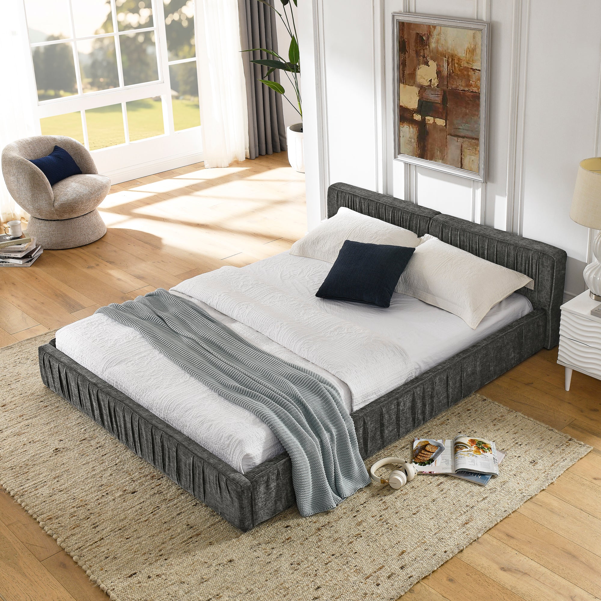 Modern Queen Size Upholstered Bed Frame with Chenille Fabric and Pleated Design in Grey