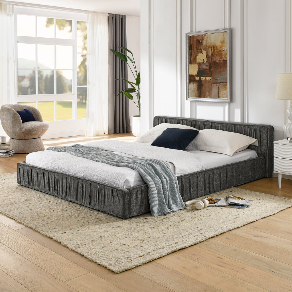 Modern Queen Size Upholstered Bed Frame with Chenille Fabric and Pleated Design in Grey