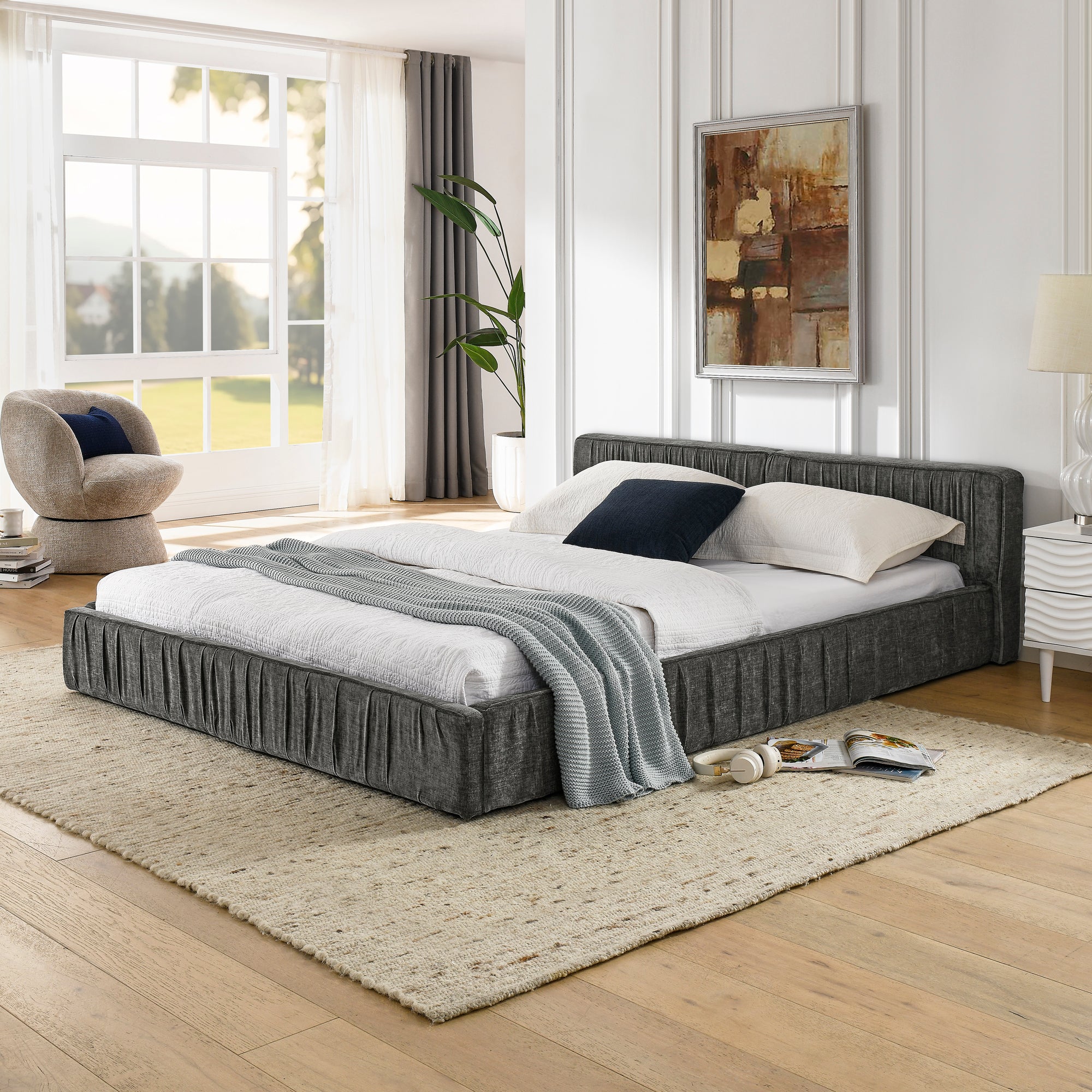 Modern Queen Size Upholstered Bed Frame with Chenille Fabric and Pleated Design in Grey