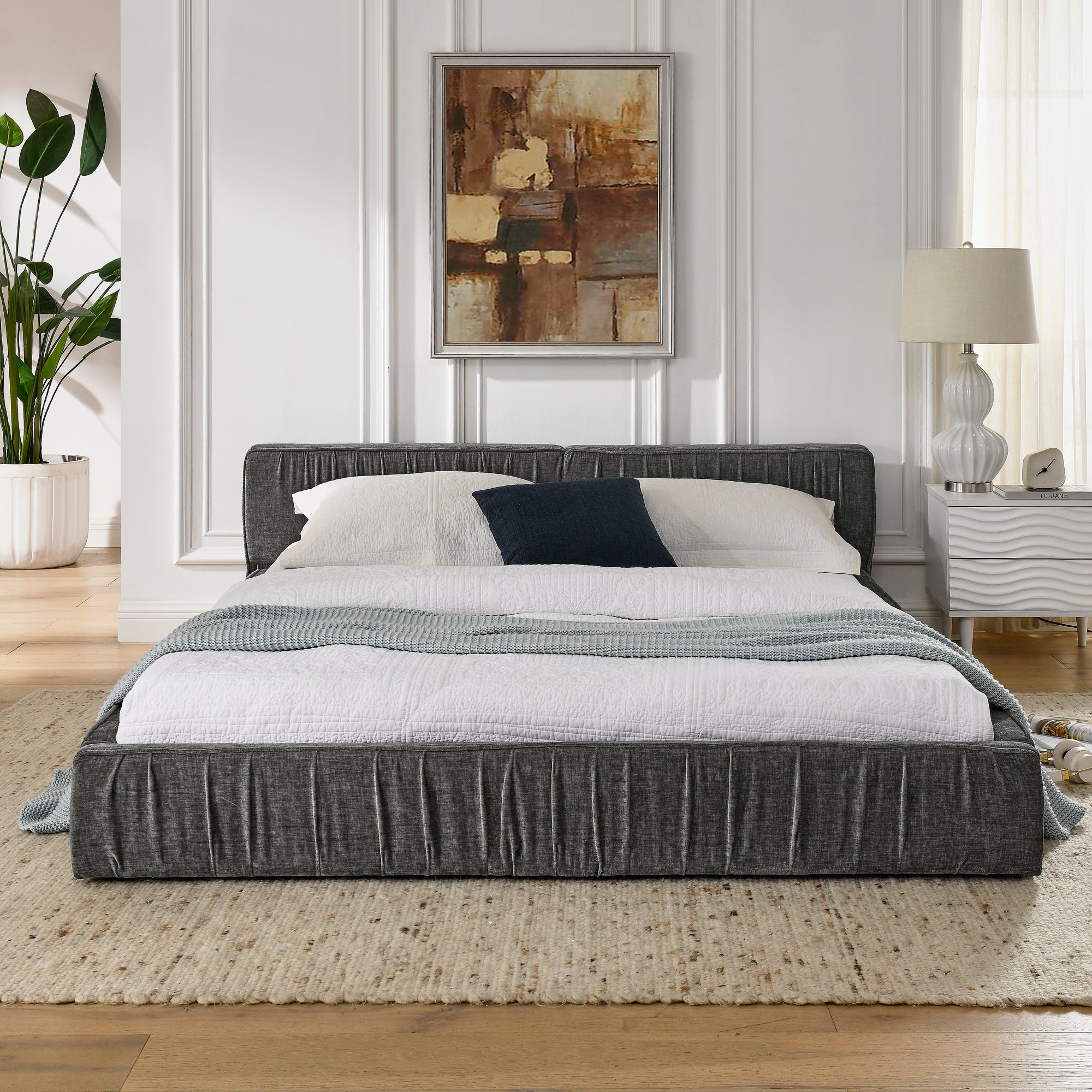 Modern Queen Size Upholstered Bed Frame with Chenille Fabric and Pleated Design in Grey