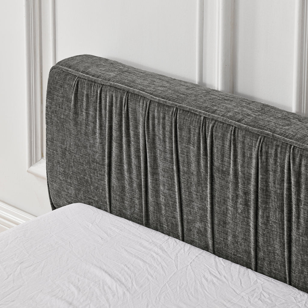 Modern Queen Size Upholstered Bed Frame with Chenille Fabric and Pleated Design in Grey
