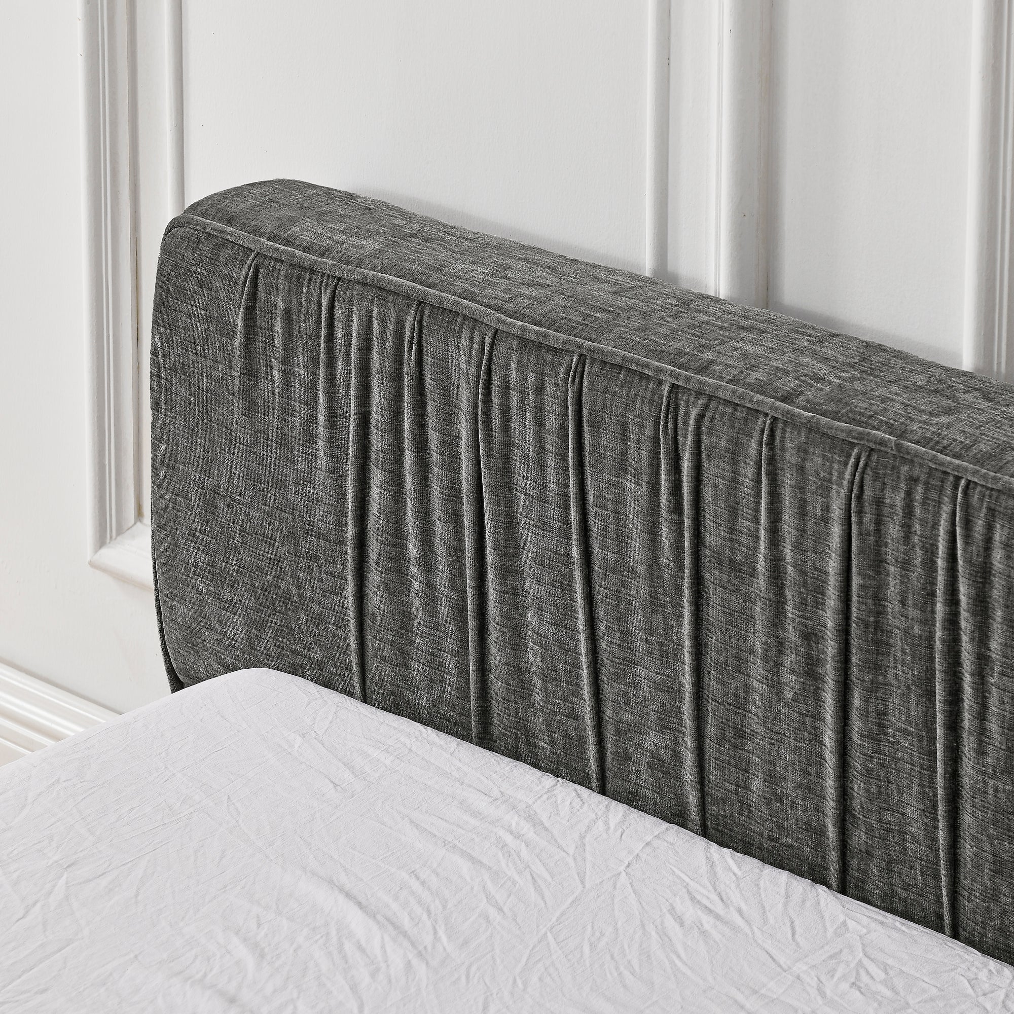 Modern Queen Size Upholstered Bed Frame with Chenille Fabric and Pleated Design in Grey