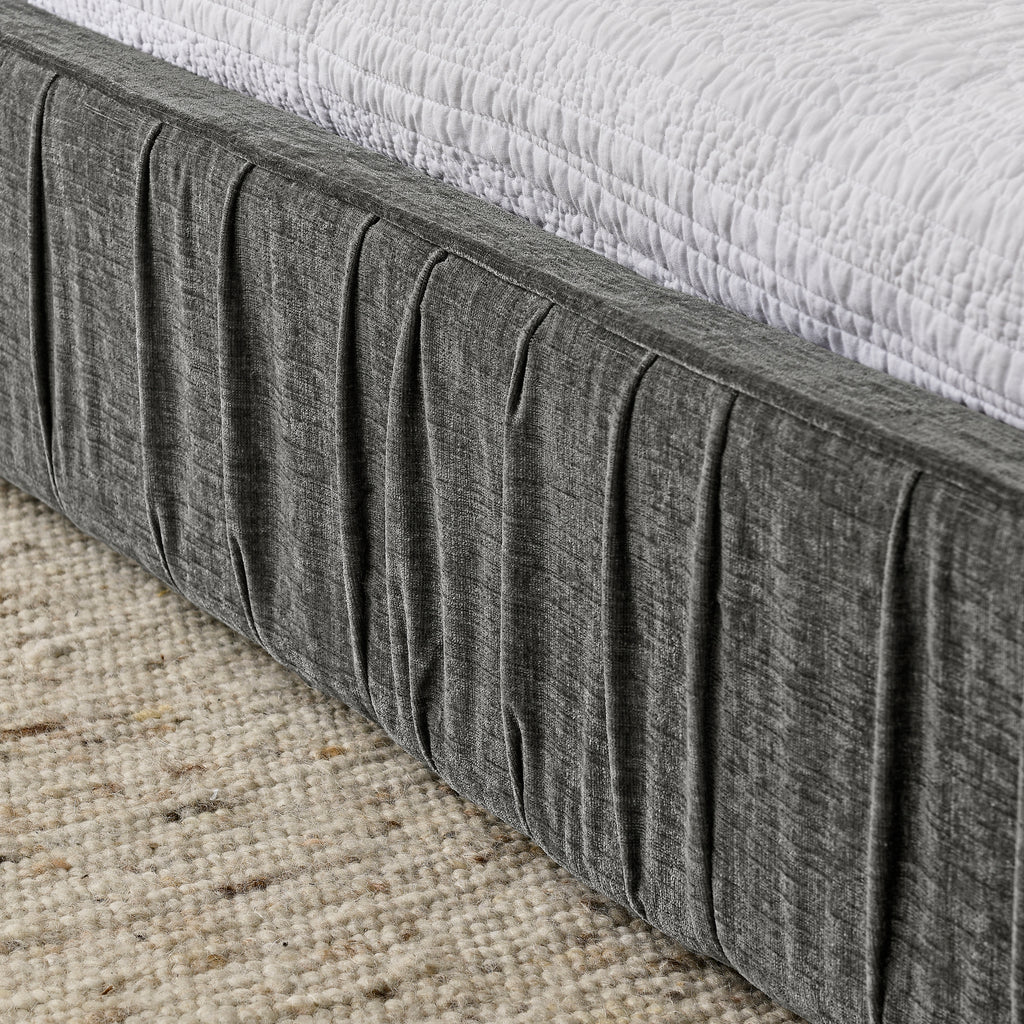 Modern Queen Size Upholstered Bed Frame with Chenille Fabric and Pleated Design in Grey