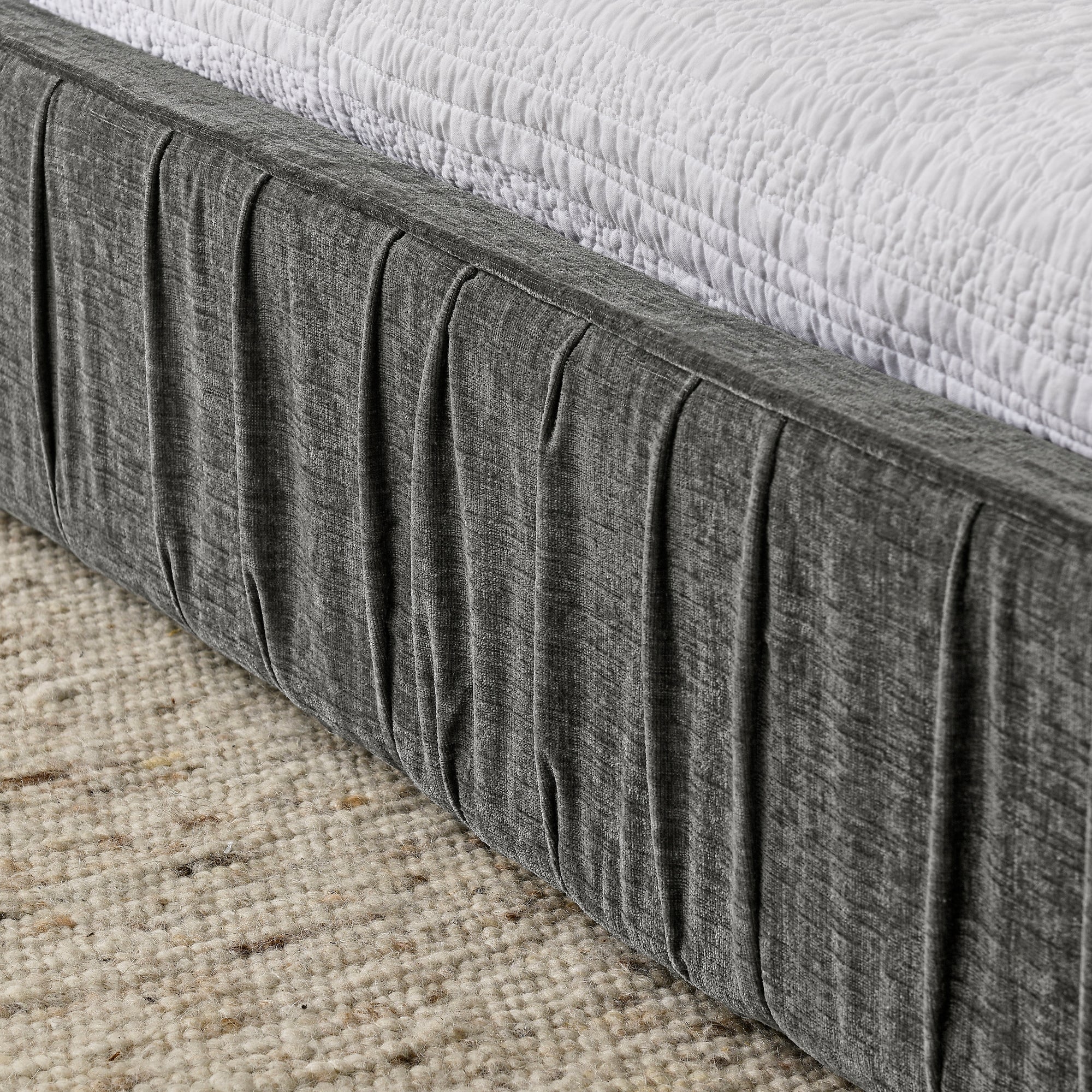 Modern Queen Size Upholstered Bed Frame with Chenille Fabric and Pleated Design in Grey