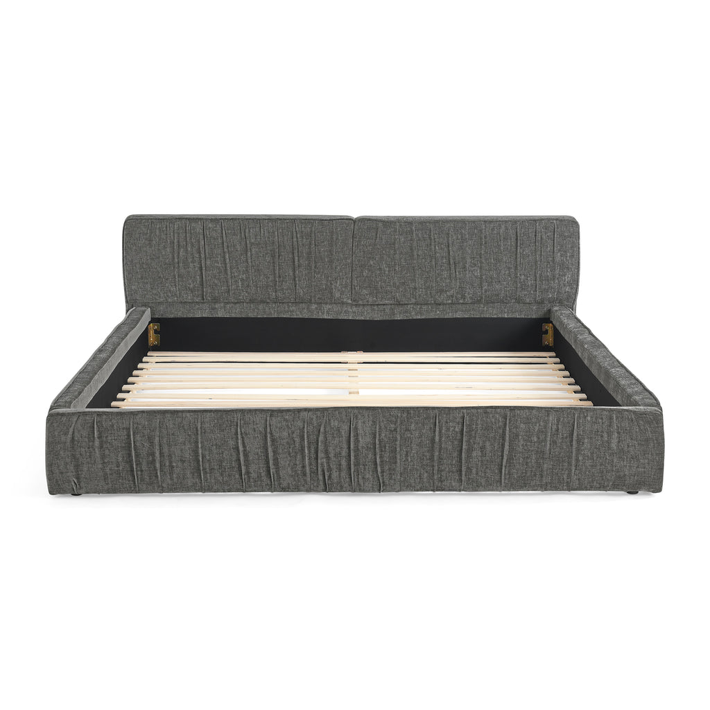 Modern Queen Size Upholstered Bed Frame with Chenille Fabric and Pleated Design in Grey