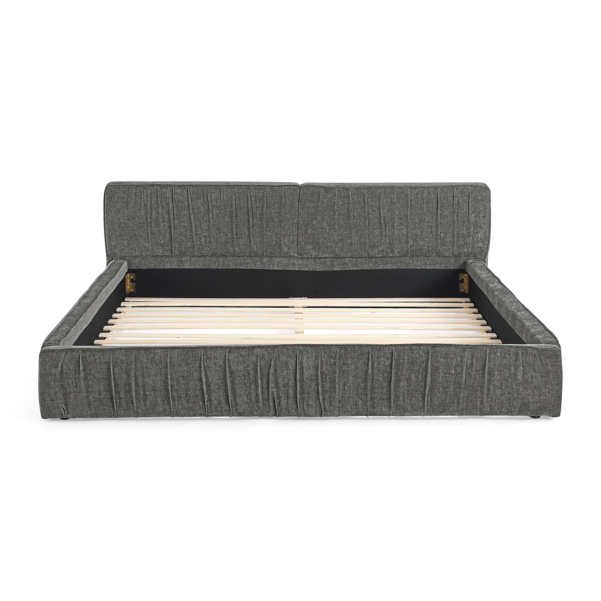 Modern Queen Size Upholstered Bed Frame with Chenille Fabric and Pleated Design in Grey