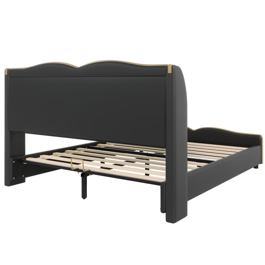 Queen Size Leather Upholstered Bed Frame, Modern Bed Frame with Wingback Head board, Upholstered Platform Bed with Wavy Footboard, No Spring Box Needed, Black Bed Frame