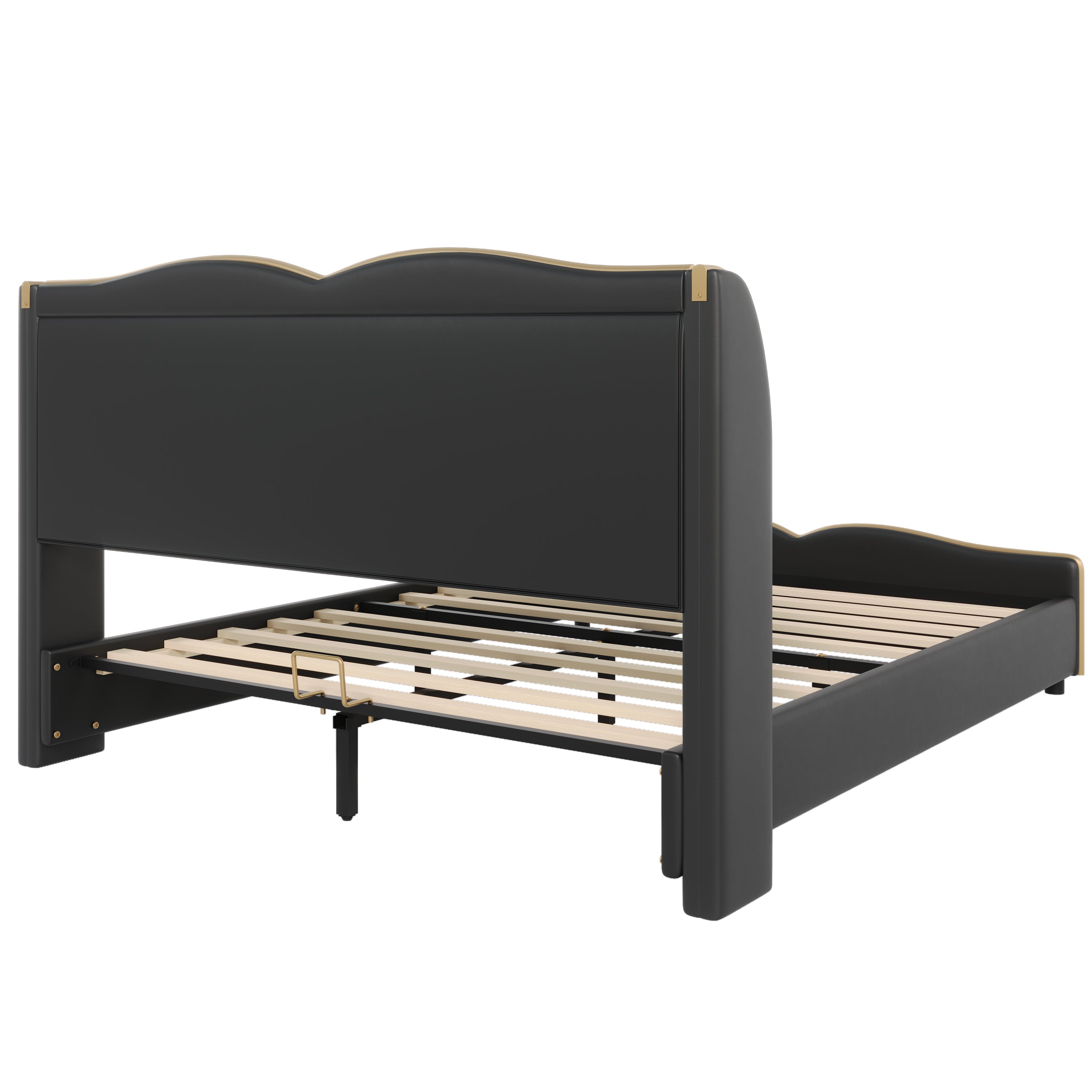 Queen Size Leather Upholstered Bed Frame, Modern Bed Frame with Wingback Head board, Upholstered Platform Bed with Wavy Footboard, No Spring Box Needed, Black Bed Frame