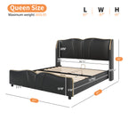 Queen Size Leather Upholstered Bed Frame, Modern Bed Frame with Wingback Head board, Upholstered Platform Bed with Wavy Footboard, No Spring Box Needed, Black Bed Frame