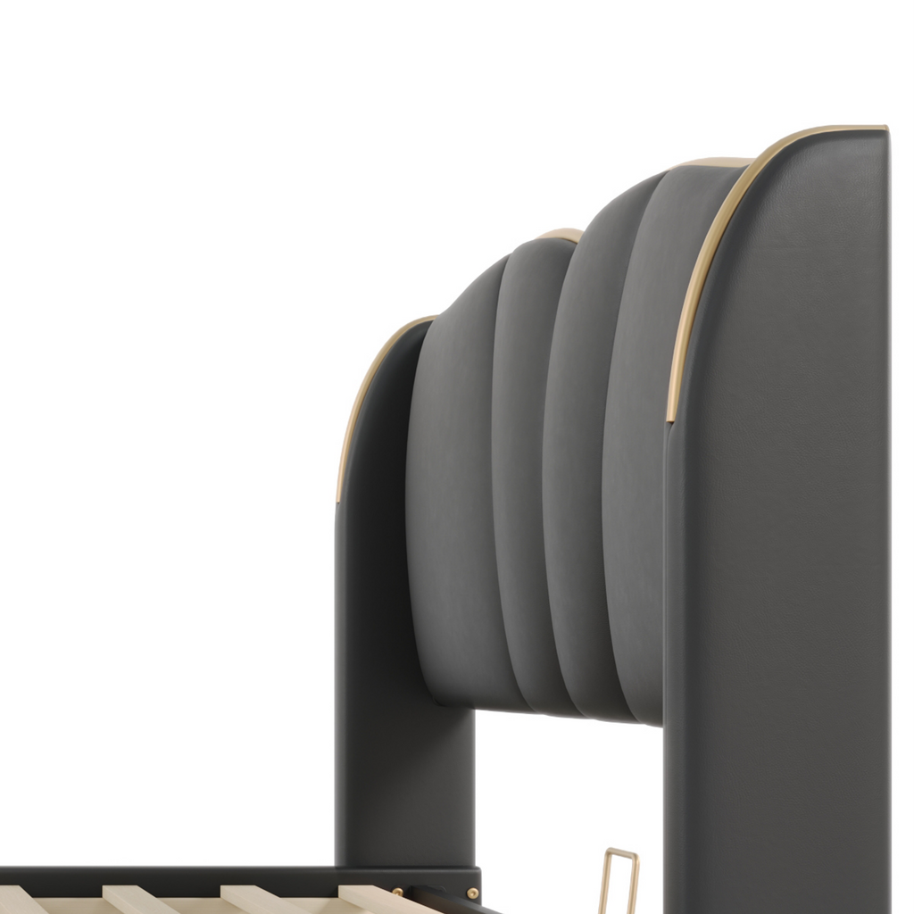 Queen Size Leather Upholstered Bed Frame, Modern Bed Frame with Wingback Head board, Upholstered Platform Bed with Wavy Footboard, No Spring Box Needed, Black Bed Frame