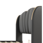 Queen Size Leather Upholstered Bed Frame, Modern Bed Frame with Wingback Head board, Upholstered Platform Bed with Wavy Footboard, No Spring Box Needed, Black Bed Frame