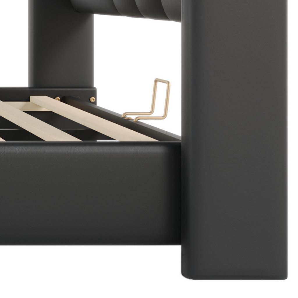 Queen Size Leather Upholstered Bed Frame, Modern Bed Frame with Wingback Head board, Upholstered Platform Bed with Wavy Footboard, No Spring Box Needed, Black Bed Frame