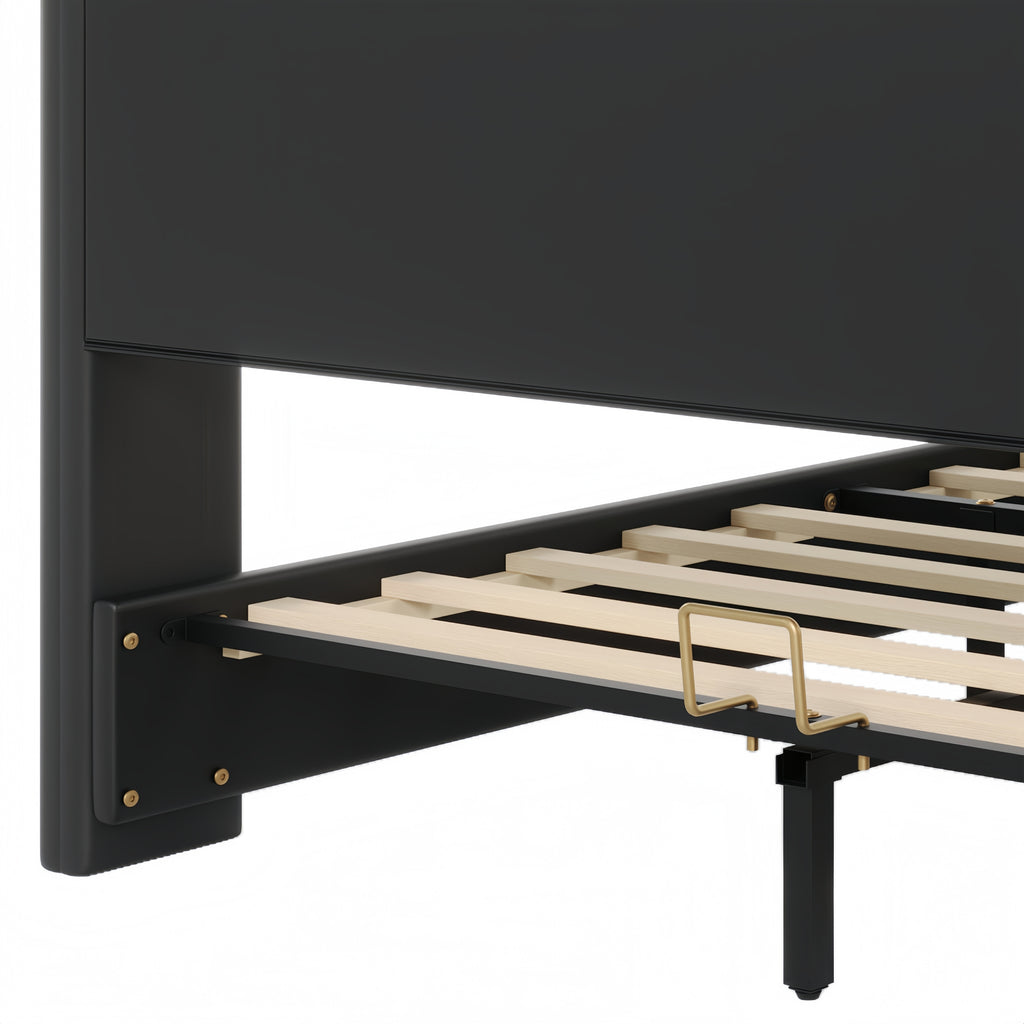 Queen Size Leather Upholstered Bed Frame, Modern Bed Frame with Wingback Head board, Upholstered Platform Bed with Wavy Footboard, No Spring Box Needed, Black Bed Frame