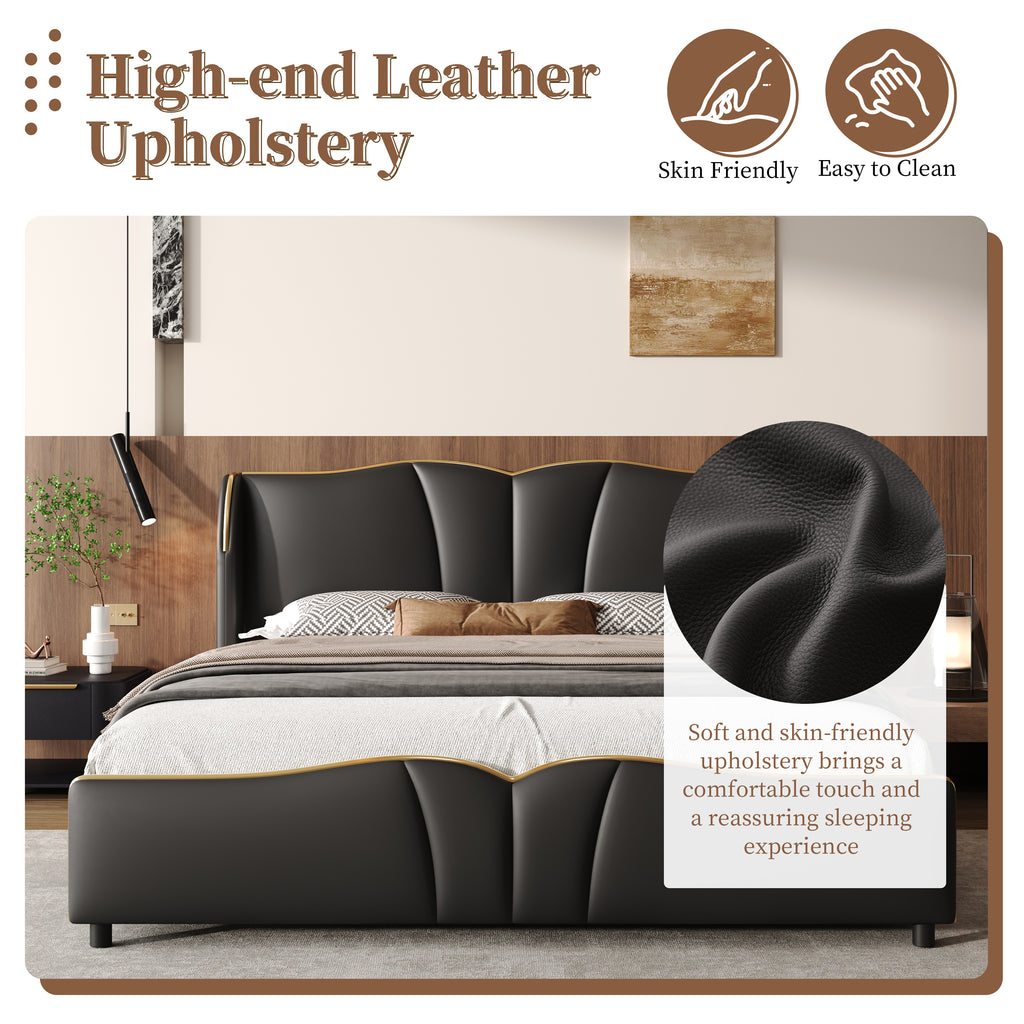 Queen Size Leather Upholstered Bed Frame, Modern Bed Frame with Wingback Head board, Upholstered Platform Bed with Wavy Footboard, No Spring Box Needed, Black Bed Frame