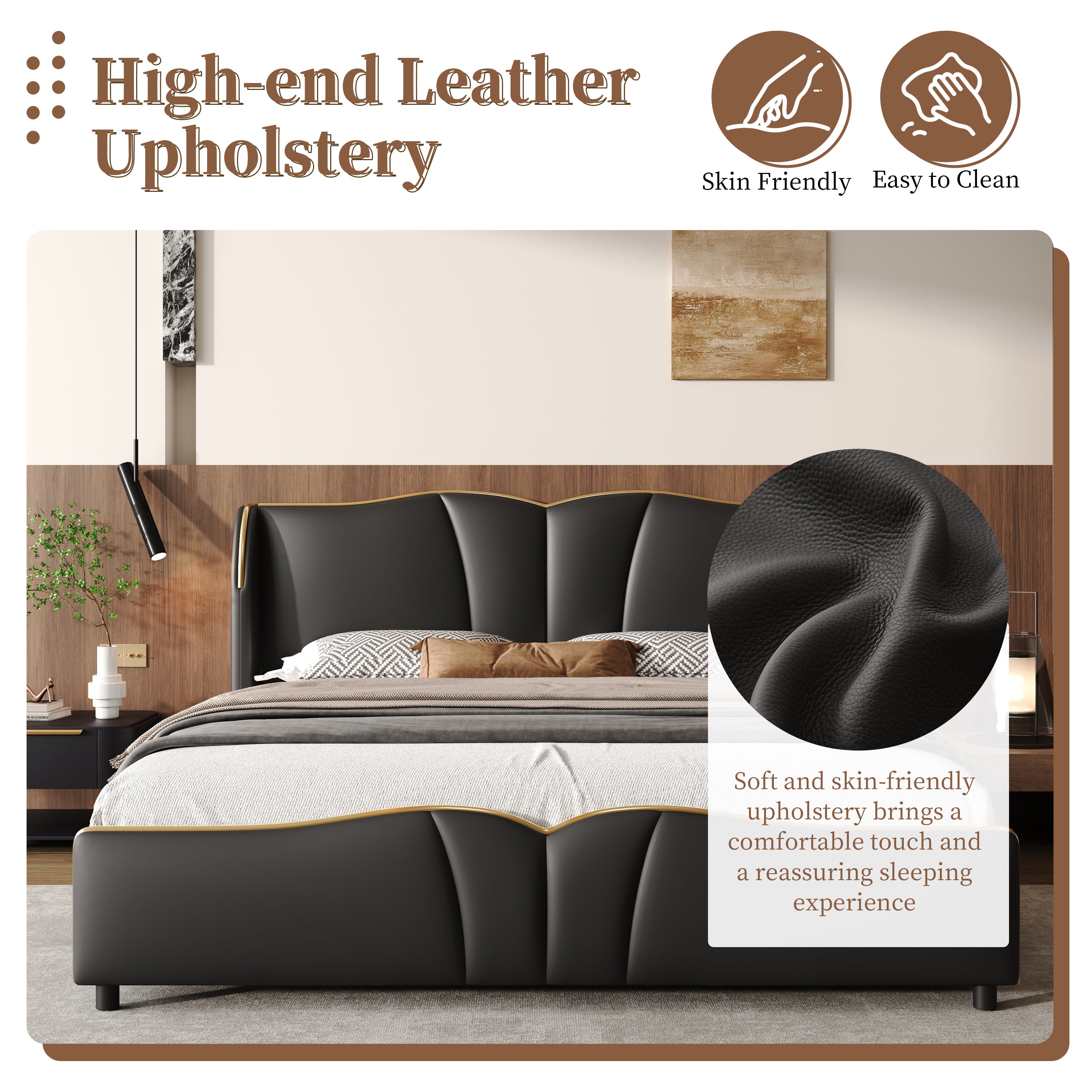 Queen Size Leather Upholstered Bed Frame, Modern Bed Frame with Wingback Head board, Upholstered Platform Bed with Wavy Footboard, No Spring Box Needed, Black Bed Frame