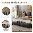 Queen Size Leather Upholstered Bed Frame, Modern Bed Frame with Wingback Head board, Upholstered Platform Bed with Wavy Footboard, No Spring Box Needed, Black Bed Frame