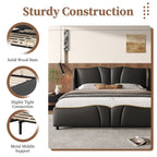 Queen Size Leather Upholstered Bed Frame, Modern Bed Frame with Wingback Head board, Upholstered Platform Bed with Wavy Footboard, No Spring Box Needed, Black Bed Frame