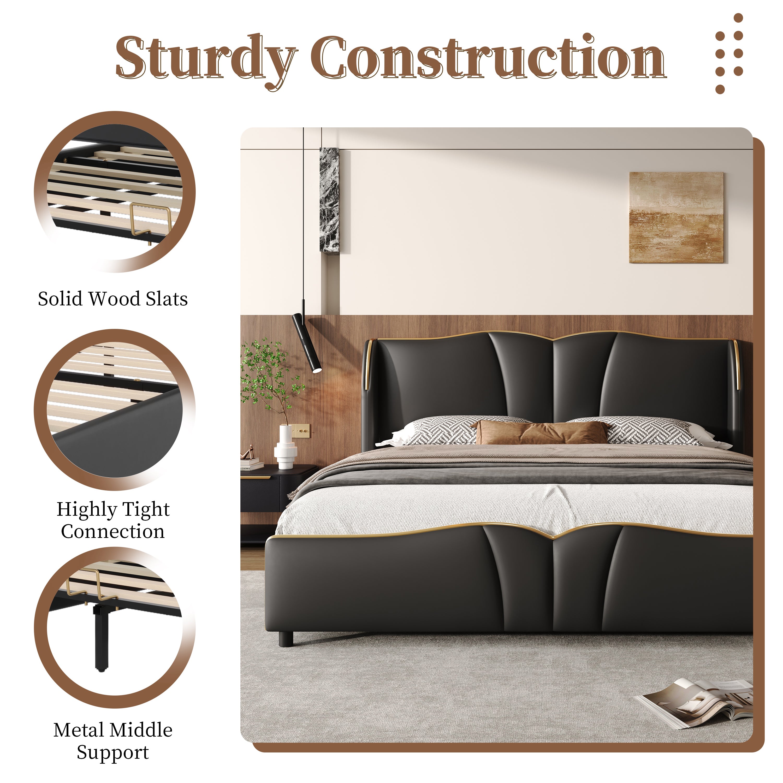 Queen Size Leather Upholstered Bed Frame, Modern Bed Frame with Wingback Head board, Upholstered Platform Bed with Wavy Footboard, No Spring Box Needed, Black Bed Frame