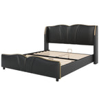 Queen Size Leather Upholstered Bed Frame, Modern Bed Frame with Wingback Head board, Upholstered Platform Bed with Wavy Footboard, No Spring Box Needed, Black Bed Frame