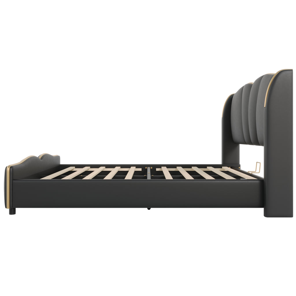 Queen Size Leather Upholstered Bed Frame, Modern Bed Frame with Wingback Head board, Upholstered Platform Bed with Wavy Footboard, No Spring Box Needed, Black Bed Frame