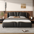 Queen Size Leather Upholstered Bed Frame, Modern Bed Frame with Wingback Head board, Upholstered Platform Bed with Wavy Footboard, No Spring Box Needed, Black Bed Frame