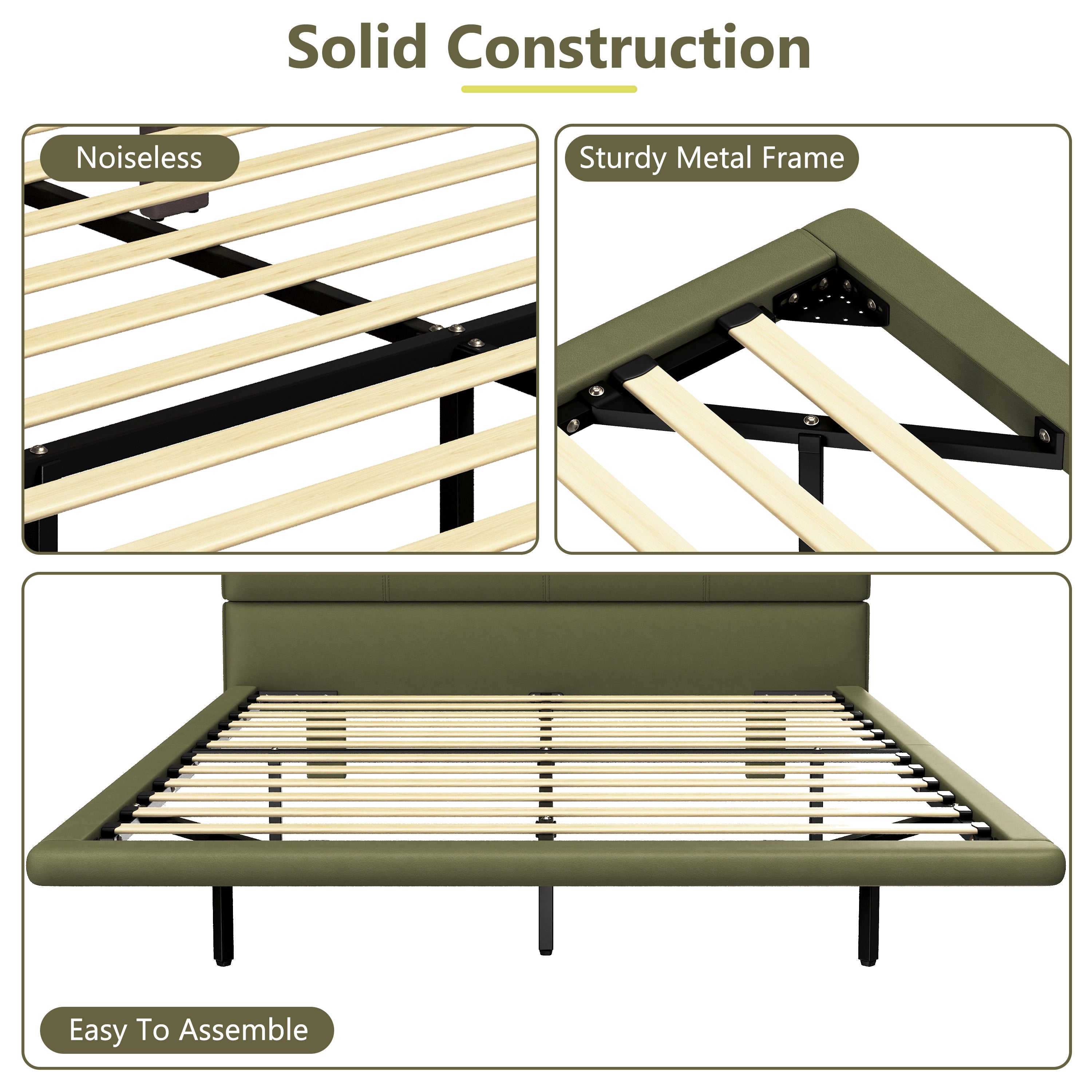 Floating Bed Frame with LED Light, Modern PU Leather Platform Bed, No Boxing Spring Needed, Assemble Easily, Queen Size Bed Frame
