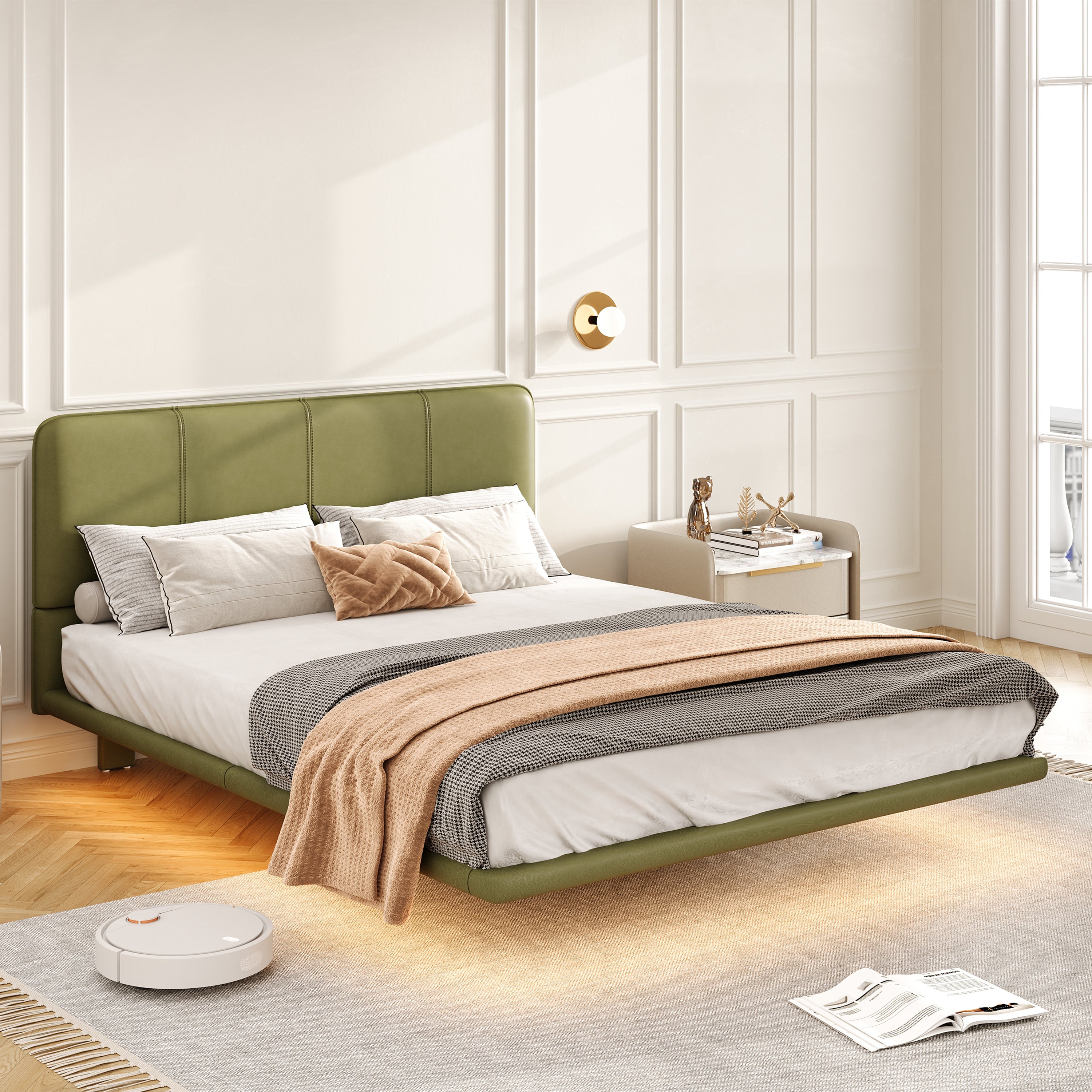 Floating Bed Frame with LED Light, Modern PU Leather Platform Bed, No Boxing Spring Needed, Assemble Easily, Queen Size Bed Frame