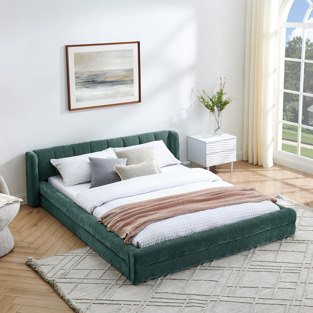 Modern Queen Size Upholstered Bed Frame with Chenille Fabric and Headboard in Blue-Green