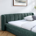 Modern Queen Size Upholstered Bed Frame with Chenille Fabric and Headboard in Blue-Green