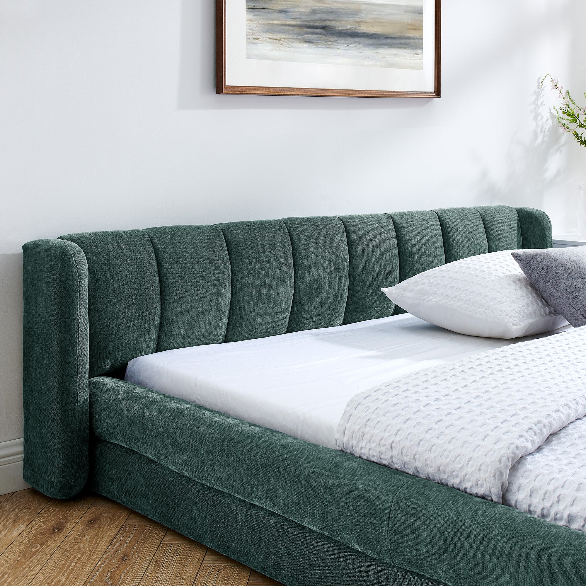 Modern Queen Size Upholstered Bed Frame with Chenille Fabric and Headboard in Blue-Green
