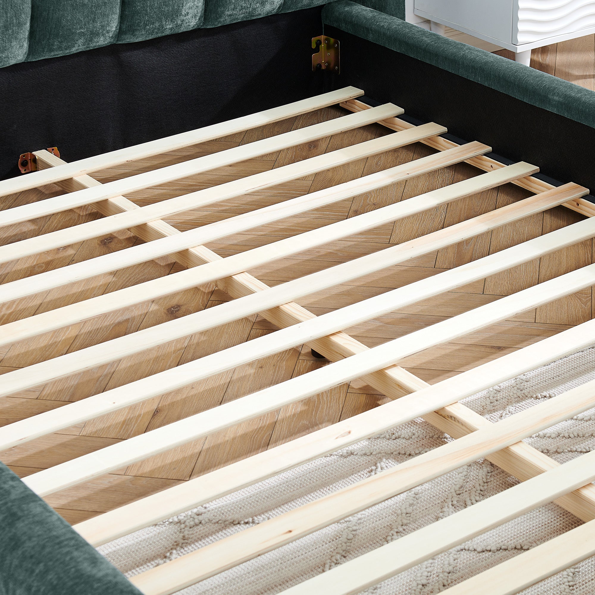 Modern Queen Size Upholstered Bed Frame with Chenille Fabric and Headboard in Blue-Green