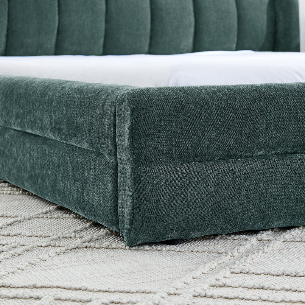 Modern Queen Size Upholstered Bed Frame with Chenille Fabric and Headboard in Blue-Green