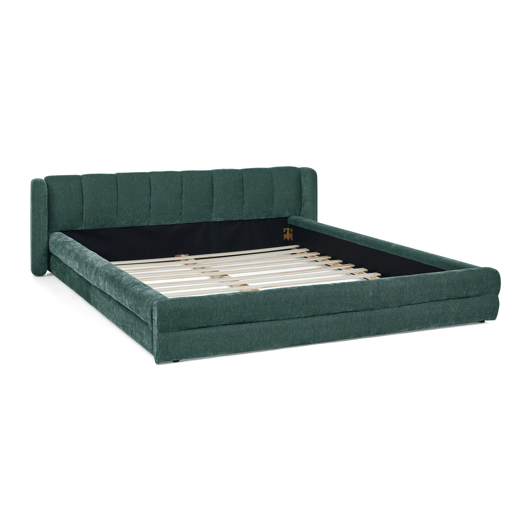 Modern Queen Size Upholstered Bed Frame with Chenille Fabric and Headboard in Blue-Green