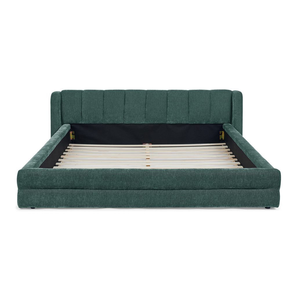 Modern Queen Size Upholstered Bed Frame with Chenille Fabric and Headboard in Blue-Green