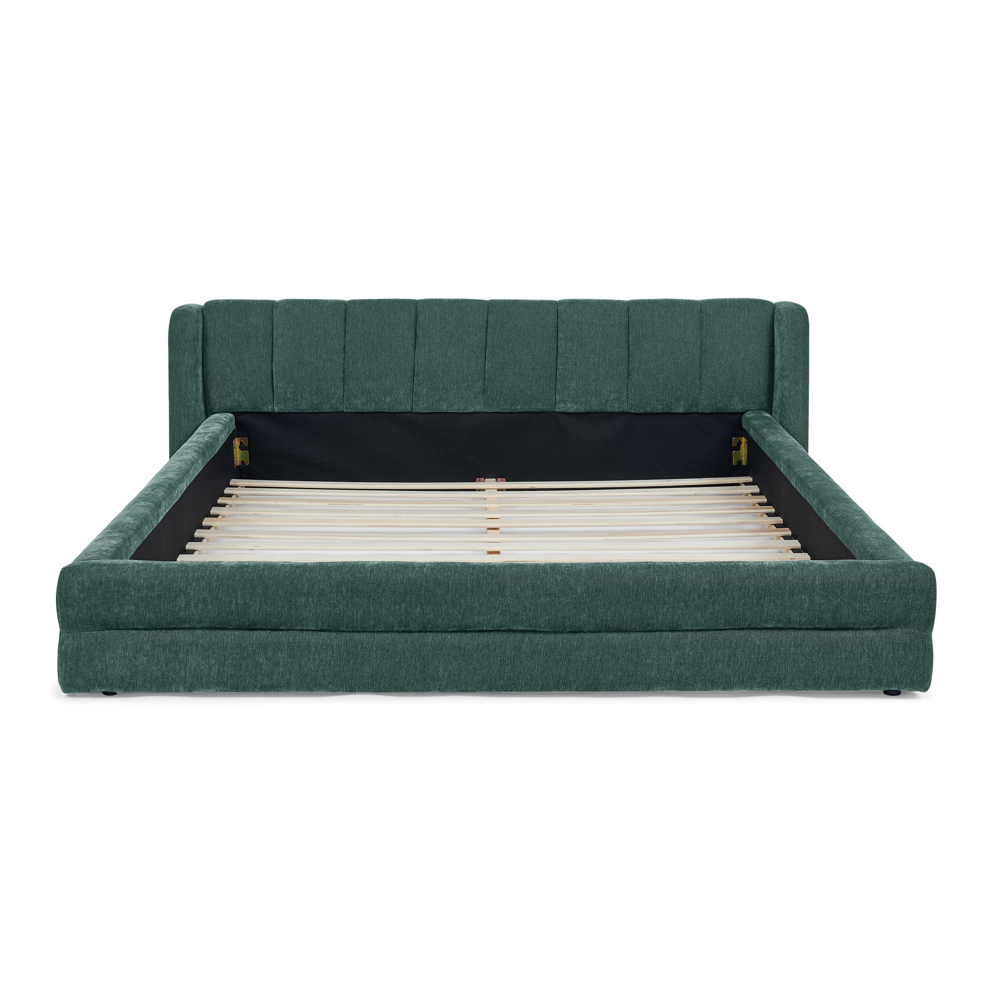 Modern Queen Size Upholstered Bed Frame with Chenille Fabric and Headboard in Blue-Green