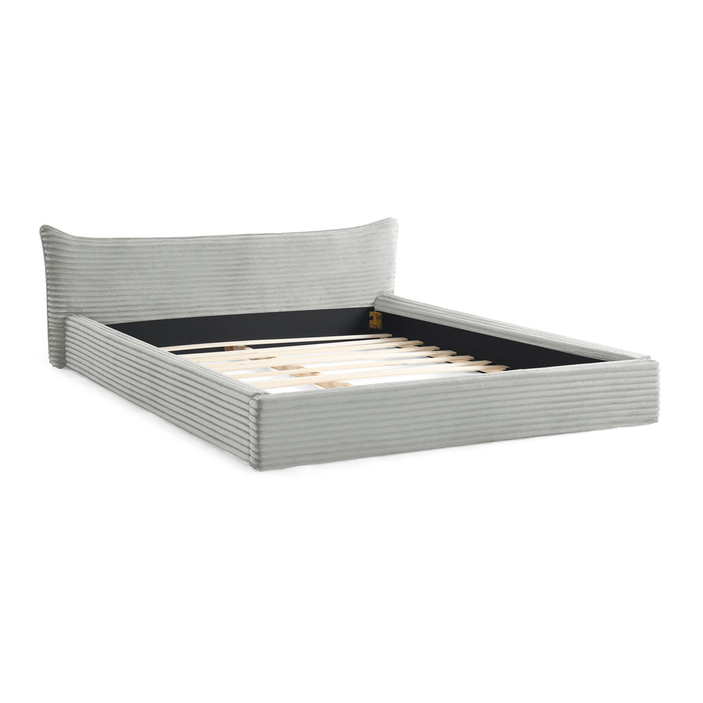 Modern Queen Size Upholstered Bed Frame with Curved Headboard, Velvet Fabric, No Box Spring Required, Grey