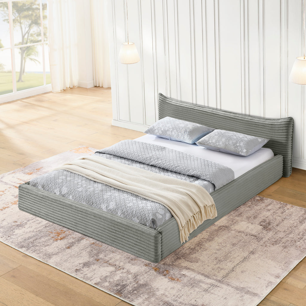 Modern Queen Size Upholstered Bed Frame with Curved Headboard, Velvet Fabric, No Box Spring Required, Grey