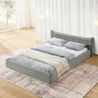 Modern Queen Size Upholstered Bed Frame with Curved Headboard, Velvet Fabric, No Box Spring Required, Grey