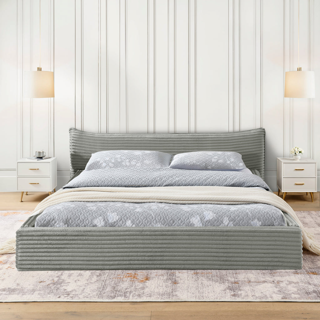 Modern Queen Size Upholstered Bed Frame with Curved Headboard, Velvet Fabric, No Box Spring Required, Grey
