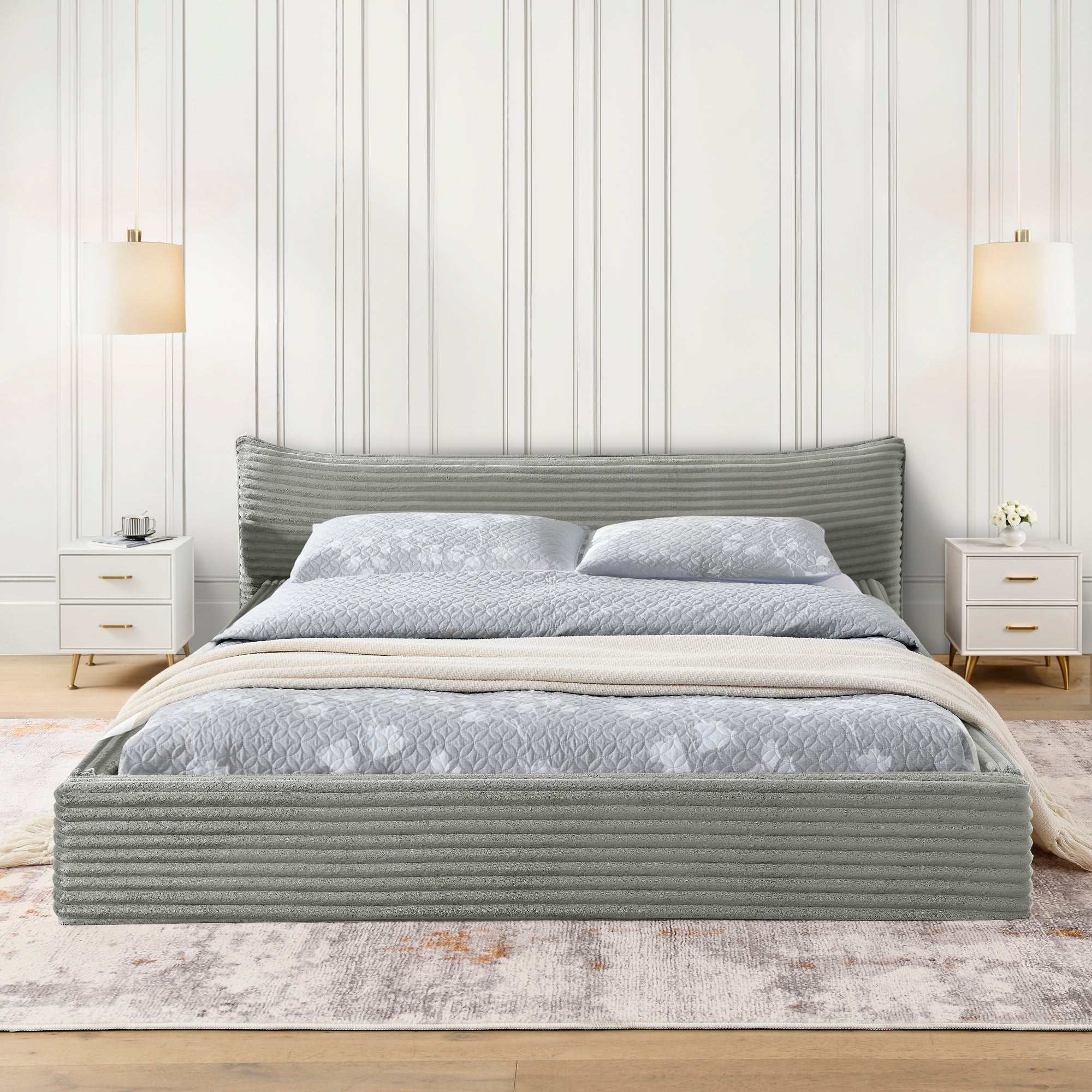 Modern Queen Size Upholstered Bed Frame with Curved Headboard, Velvet Fabric, No Box Spring Required, Grey