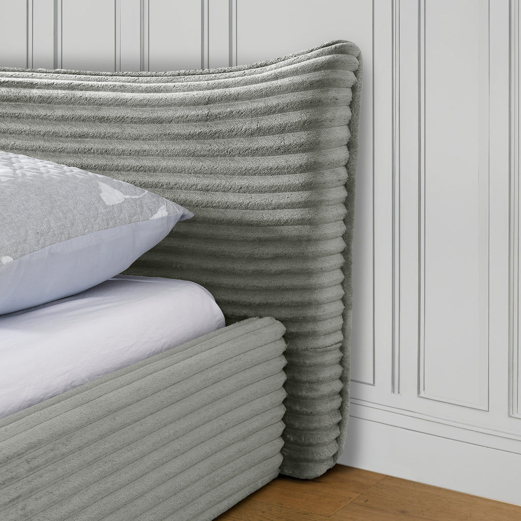 Modern Queen Size Upholstered Bed Frame with Curved Headboard, Velvet Fabric, No Box Spring Required, Grey