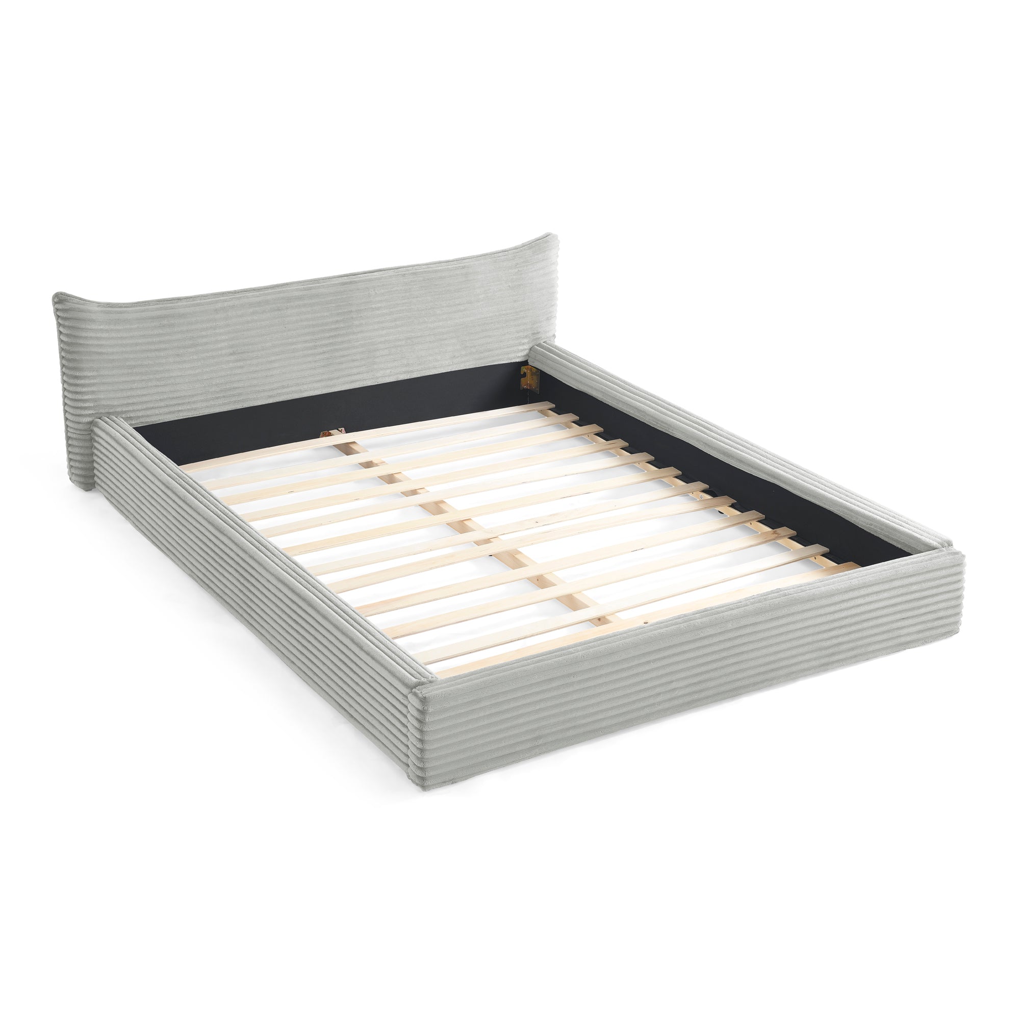 Modern Queen Size Upholstered Bed Frame with Curved Headboard, Velvet Fabric, No Box Spring Required, Grey